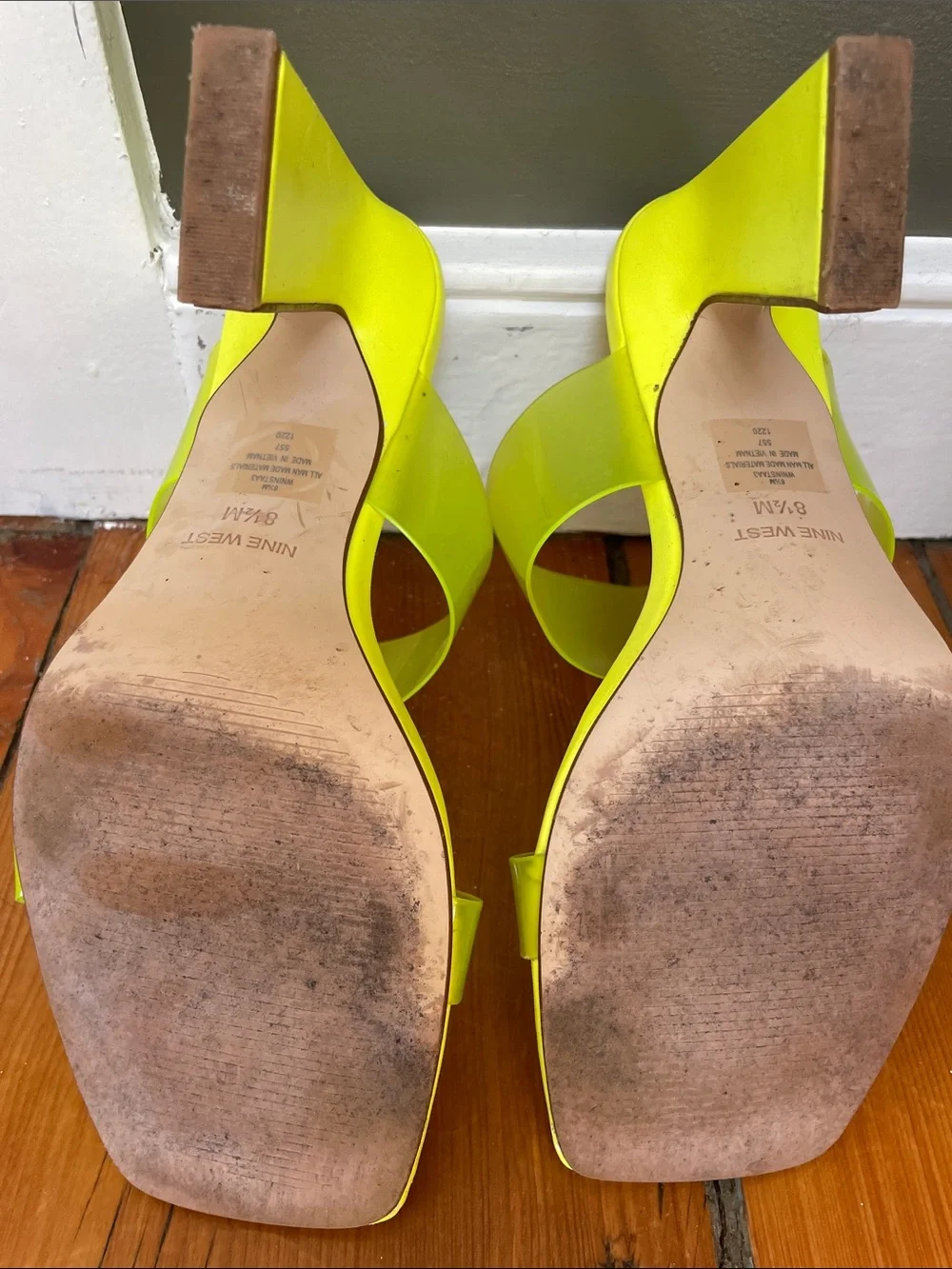 Nine West Neon Yellow Clear Strap Slide Heels